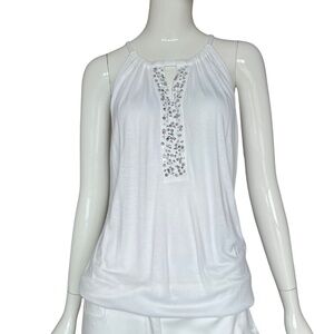 INC International Concepts White Silver Sequin Trim Relaxed Fit Tank Top Size S